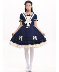 Classic Navy Blue Lolita Dress with White Lace Accents and Bow