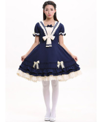 Classic Navy Blue Lolita Dress with White Lace Accents and Bow