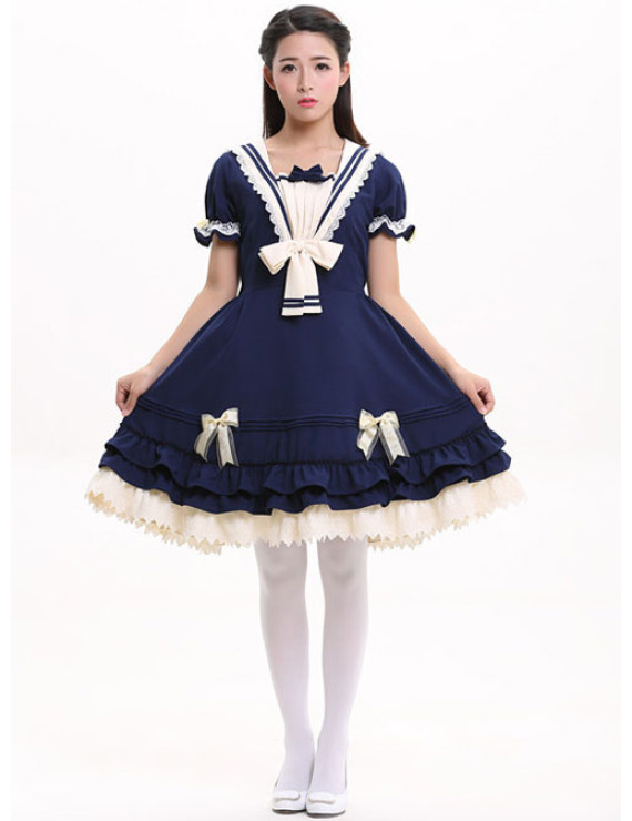 Classic Navy Blue Lolita Dress with White Lace Accents and Bow