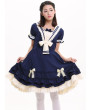 Classic Navy Blue Lolita Dress with White Lace Accents and Bow