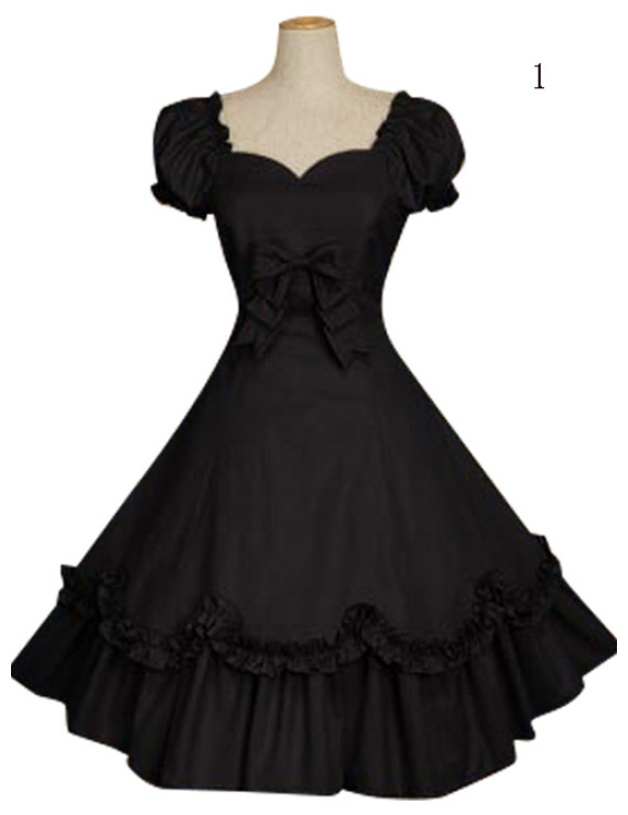 Elegant Black Sweetheart Neck Puff Sleeve Bow Decorated Lolita Dress