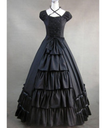 Elegant Black Gothic Lolita Style Multi-Layered Pleated Maxi Dress