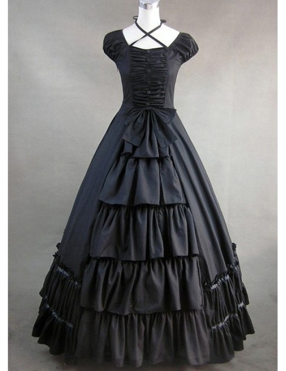 Elegant Black Gothic Lolita Style Multi-Layered Pleated Maxi Dress