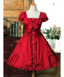 Cotton Lolita Dress with Bow and Flounced Sleeves - Wine Red/Dark Blue