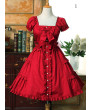 Cotton Lolita Dress with Bow and Flounced Sleeves - Wine Red/Dark Blue