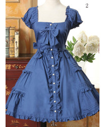 Cotton Lolita Dress with Bow and Flounced Sleeves - Wine Red/Dark Blue