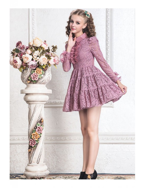 Openwork lace round neck high waist waist long sleeve sweet princess ...