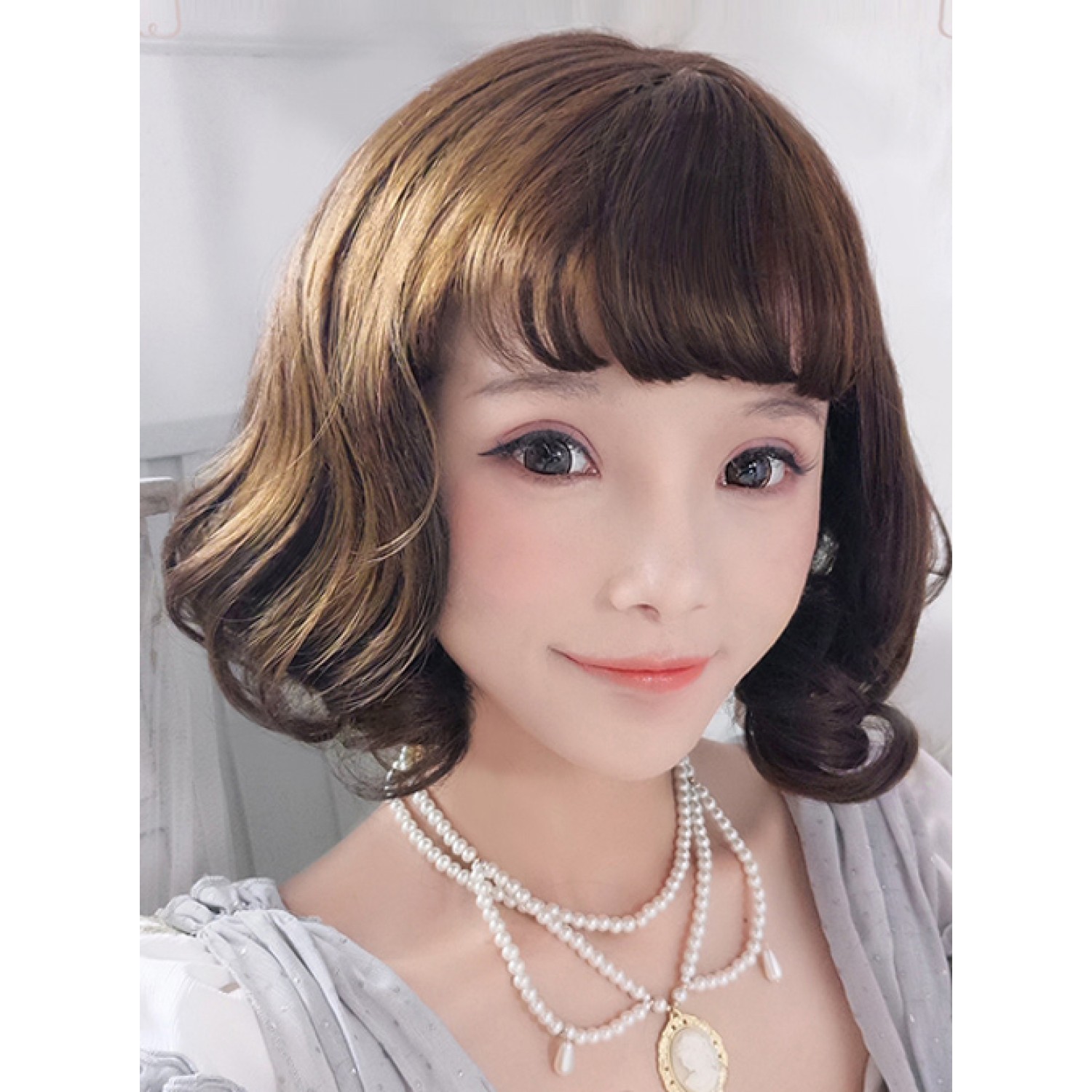 Sweet Lolita Wig Brown Short Curly Synthetic Hair Party Wig ( free 