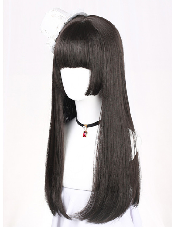 Sweet Lolita Wig Long Straight Hair Black Synthetic Hair Wig Hime Cut ...