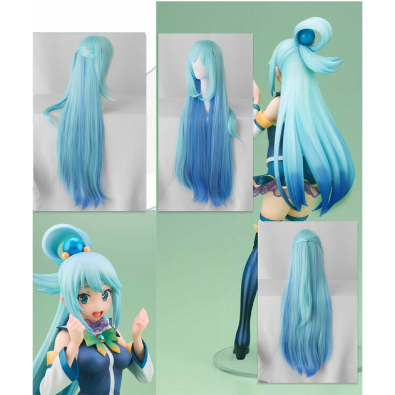 Konosuba Aqua Blue Long Straight Cosplay Synthetic Hair Wig ( free