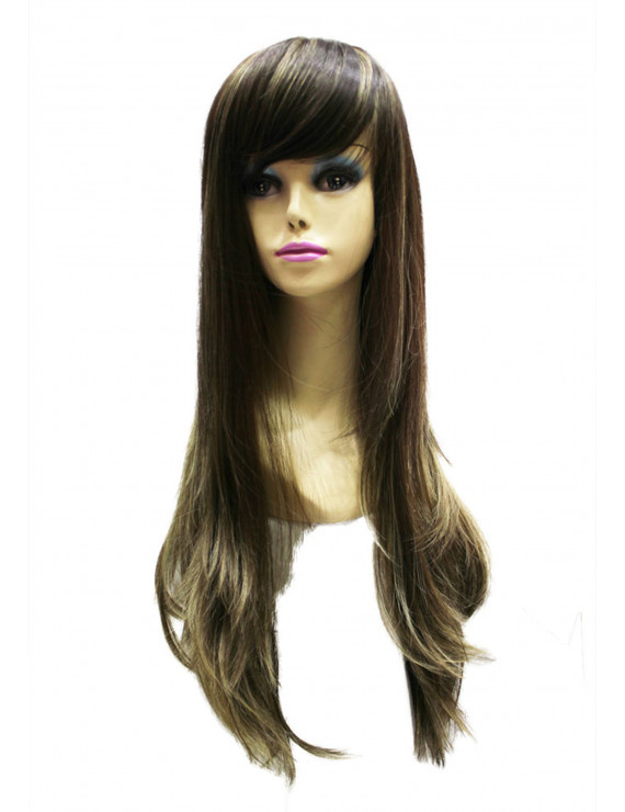 Brown Natural Layered Straight Synthetic Hair Ombre Wigs with full Bangs