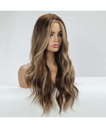 light brown Mixed Color Long layered Wavy Synthetic Hair Full wigs with Bangs