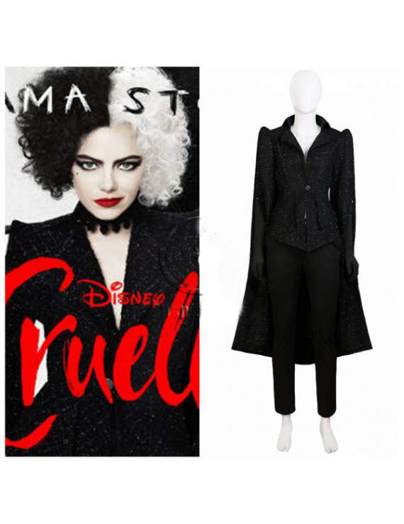 Cruella de Vil Black Cosplay Costume Coat pants gloves